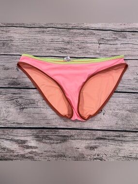 aerie Pink Bikini Bottoms with Lime Waistband and Brown Trim Size Small